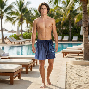 Puritan Men XL 40/42 Swim Trunk Navy White Sands Resort Print Lined Board Shorts
